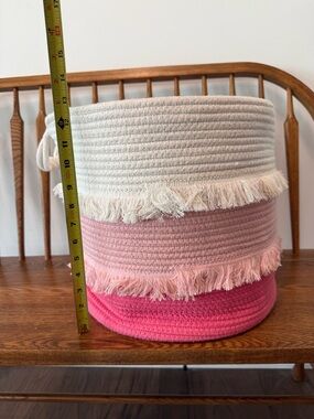 NWT Pillowfort Pink Ombre Coiled Rope Fringe Storage Bin Basket